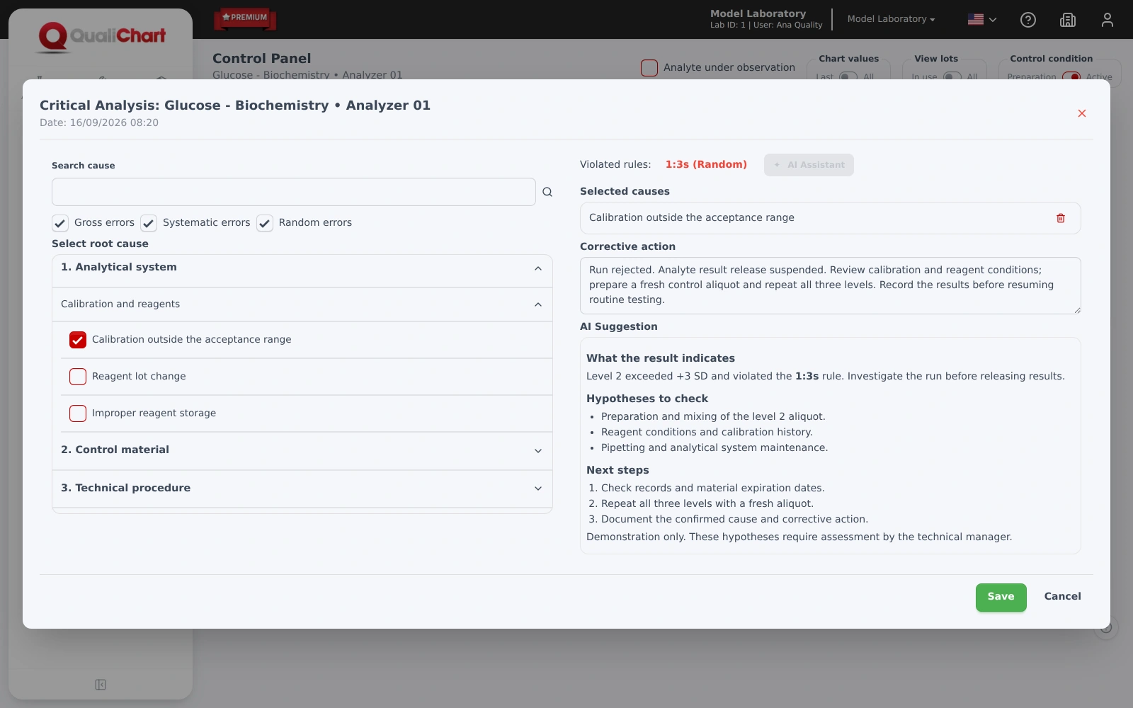 AI assistant in critical analysis with interpretation of the violation, hypothesis of causes and next steps